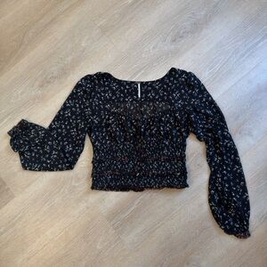 Free People Black Floral Shear Cropped Blouse